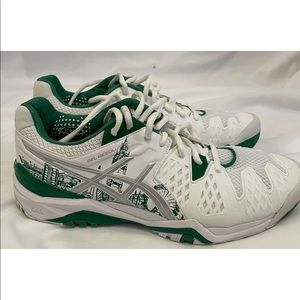 ASICS GEL-RESOLUTION 6 L.E. LONDON WHITE/SILVER/GREEN. MENS TENNIS SHOE SIZE 8.5